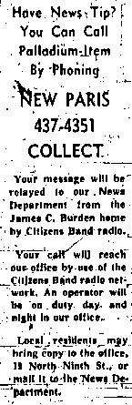 Advert to phone in stories to Palladium-Item via collect call to a New Paris, Ohio Citizen Band Radio Operator
